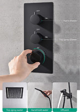 Cascada Luxury 14" x 20" Square Ceiling Mounted LED Shower System With 2-Way Thermostatic Valve (3 knobs), 2 Mode Function (Rainfall & Handheld Shower) shower head with handheld rain White LED & NON LED rainfall 3 valve handle shower heads high pressure black hand held system holder matte fixtures gold kit chrome oil rubbed bronze mixer modern ceiling mount 2 way thermostatic square showers system