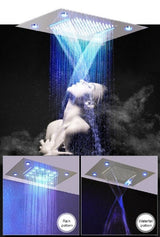 waterfall shower head, rainfall shower head, waterfall showerhead, waterfall shower heads, shower head waterfall, shower head with waterfall, water fall shower head, waterfall rain shower head, recessed shower head, rainfall waterfall shower head, waterfall shower, rain waterfall shower head, recessed rain shower head, and rainfall showerhead. Cascada Luxurious 14" x 20" Large Multicolor LED Shower Head with Color Changing Remote Controller