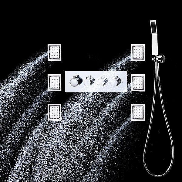 Cascada Luxury 14" x 20" Recessed LED Shower System With 3-Way Thermostatic Valve(4 knob),3 Mode Function(Rainfall, 6 Massage Jets Set & HandShower) shower head with handheld rain White LED rainfall dual 4 handle shower heads high pressure black hand held system holder waterfall matte fixtures gold kit chrome oil rubbed bronze mixer modern ceiling mount 3 way thermostatic square showers system