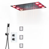 14"x20" Rectangle Ceiling Mounted LED Shower System - Cascada Showers Cascada Luxury 14" x 20" Rectangle Ceiling Mounted LED Shower System With 3-Way Thermostatic Valve (dual handle), 3 Massage Jets Spray Body Shower Set & Remote Control App shower head with handheld rain LED rainfall dual valve handle shower heads high pressure black hand held system holder 3 jet body spray matte fixture gold kit chrome oil rubbed bronze mixer modern ceiling mount 3 way thermostatic square shower system