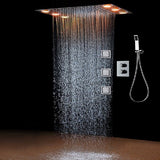 14"x20" Rectangle Ceiling Mounted LED Shower System - Cascada Showers Cascada Luxury 14" x 20" Rectangle Ceiling Mounted LED Shower System With 3-Way Thermostatic Valve (dual handle), 3 Massage Jets Spray Body Shower Set & Remote Control App shower head with handheld rain LED rainfall dual valve handle shower heads high pressure black hand held system holder 3 jet body spray matte fixture gold kit chrome oil rubbed bronze mixer modern ceiling mount 3 way thermostatic square shower system