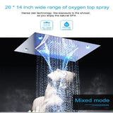 Cascada Luxury 14" x 20" Square Ceiling Mounted LED Shower System With 3-Way Thermostatic Valve (4 knobs),3 Mode Function (Rainfall, Waterfall & Handheld Shower) & Remote Control App shower head with handheld rain LED rainfall four valve handle shower heads high pressure black hand held system holder waterfall rainfall mix matte gold kit chrome oil rubbed bronze mixer modern ceiling mount 3 way thermostatic square showers systems 