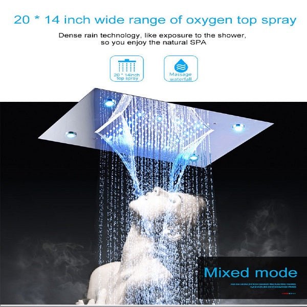 Cascada Luxury 14" x 20" Square Ceiling Mounted LED Shower System With 3-Way Thermostatic Valve (4 knobs),3 Mode Function (Rainfall, Waterfall & Handheld Shower) & Remote Control App shower head with handheld rain LED rainfall four valve handle shower heads high pressure black hand held system holder waterfall rainfall mix matte gold kit chrome oil rubbed bronze mixer modern ceiling mount 3 way thermostatic square showers systems 