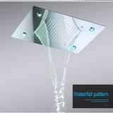 Cascada Luxury 14" x 20" Square Ceiling Mounted LED Shower System With 3-Way Thermostatic Valve (4 knobs),3 Mode Function (Rainfall, Waterfall & Handheld Shower) & Remote Control App shower head with handheld rain LED rainfall four valve handle shower heads high pressure black hand held system holder waterfall rainfall mix matte gold kit chrome oil rubbed bronze mixer modern ceiling mount 3 way thermostatic square showers systems 