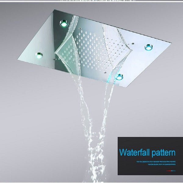 Cascada Luxury 14" x 20" Square Ceiling Mounted LED Shower System With 3-Way Thermostatic Valve (4 knobs),3 Mode Function (Rainfall, Waterfall & Handheld Shower) & Remote Control App shower head with handheld rain LED rainfall four valve handle shower heads high pressure black hand held system holder waterfall rainfall mix matte gold kit chrome oil rubbed bronze mixer modern ceiling mount 3 way thermostatic square showers systems 
