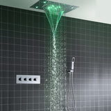 Cascada Luxury 14" x 20" Square Ceiling Mounted LED Shower System With 3-Way Thermostatic Valve (4 knobs),3 Mode Function (Rainfall, Waterfall & Handheld Shower) & Remote Control App shower head with handheld rain LED rainfall four valve handle shower heads high pressure black hand held system holder waterfall rainfall mix matte gold kit chrome oil rubbed bronze mixer modern ceiling mount 3 way thermostatic square showers systems 