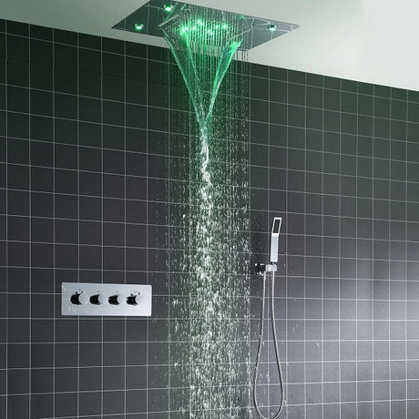 Cascada Luxury 14" x 20" Square Ceiling Mounted LED Shower System With 3-Way Thermostatic Valve (4 knobs),3 Mode Function (Rainfall, Waterfall & Handheld Shower) & Remote Control App shower head with handheld rain LED rainfall four valve handle shower heads high pressure black hand held system holder waterfall rainfall mix matte gold kit chrome oil rubbed bronze mixer modern ceiling mount 3 way thermostatic square showers systems 