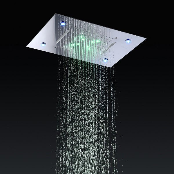 Cascada Luxury 14" x 20" Square Ceiling Mounted LED Shower System With 3-Way Thermostatic Valve (4 knobs),3 Mode Function (Rainfall, Waterfall & Handheld Shower) & Remote Control App shower head with handheld rain LED rainfall four valve handle shower heads high pressure black hand held system holder waterfall rainfall mix matte gold kit chrome oil rubbed bronze mixer modern ceiling mount 3 way thermostatic square showers systems 