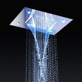 Cascada Luxury 14" x 20" Square Ceiling Mounted LED Shower System With 3-Way Thermostatic Valve (4 knobs),3 Mode Function (Rainfall, Waterfall & Handheld Shower) & Remote Control App shower head with handheld rain LED rainfall four valve handle shower heads high pressure black hand held system holder waterfall rainfall mix matte gold kit chrome oil rubbed bronze mixer modern ceiling mount 3 way thermostatic square showers systems 