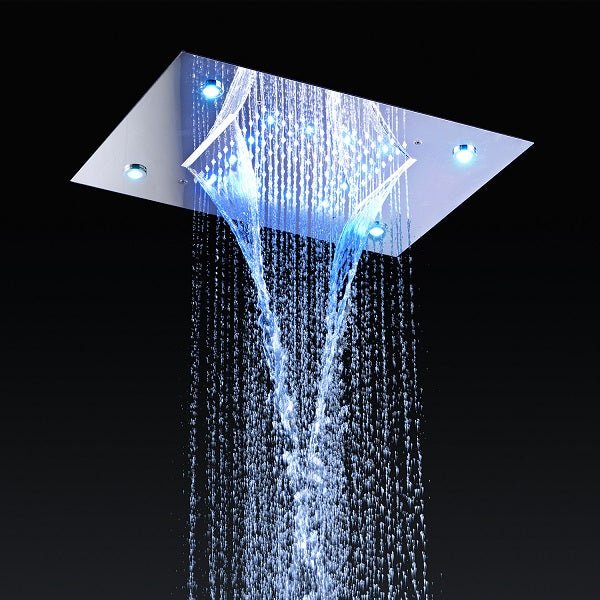 Cascada Luxury 14" x 20" Square Ceiling Mounted LED Shower System With 3-Way Thermostatic Valve (4 knobs),3 Mode Function (Rainfall, Waterfall & Handheld Shower) & Remote Control App shower head with handheld rain LED rainfall four valve handle shower heads high pressure black hand held system holder waterfall rainfall mix matte gold kit chrome oil rubbed bronze mixer modern ceiling mount 3 way thermostatic square showers systems 