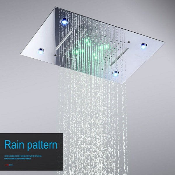 Cascada Luxury 14" x 20" Square Ceiling Mounted LED Shower System With 3-Way Thermostatic Valve (4 knobs),3 Mode Function (Rainfall, Waterfall & Handheld Shower) & Remote Control App shower head with handheld rain LED rainfall four valve handle shower heads high pressure black hand held system holder waterfall rainfall mix matte gold kit chrome oil rubbed bronze mixer modern ceiling mount 3 way thermostatic square showers systems 