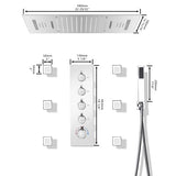 Technical details and dimension of Cascada Luxury 15” x 23” LED Music shower system with built-in Bluetooth Speakers, 4 function (Rainfall, Waterfall, Body jet & Handshower) & Remote Control 64 Color Lights cascada system LED bluetooth shower head speaker hot cold music rain rainfall musical lights showerhead body spray jets waterfall misty ceiling mounted handheld high pressure multicolor holder matte black chrome oil rubbed bronze mixer remote control