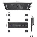 Cascada Luxury 23”x15” Music LED shower system with built-in Bluetooth Speakers,5 function (Rainfall,Waterfall,Misty,body jets & HandShower) & Remote Control 64 Color Lights cascada system LED bluetooth shower head speaker hot cold music rain rainfall musical light showerhead body spray jet waterfall misty ceiling mounted handheld high pressure thermostatic mixer holder black matte chrome oil rubbed bronze remote control