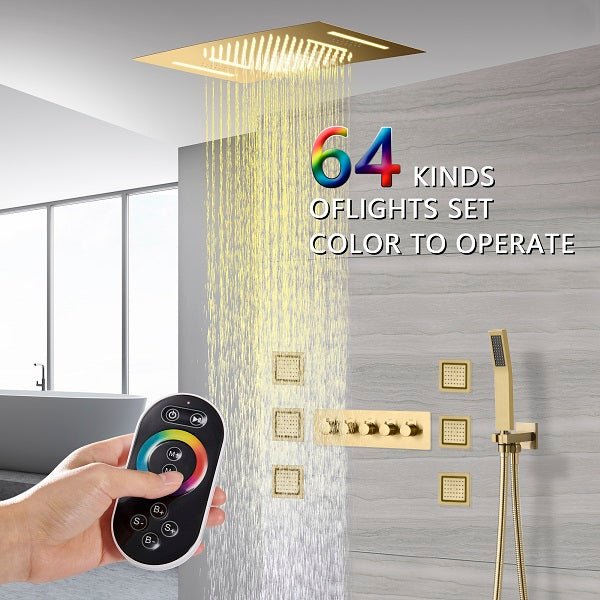 LED shower system remote control with 64 color options for bathroom lighting
