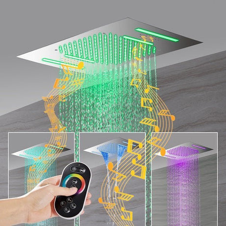 Cascada Luxury 23”x15” Music LED shower system with built-in Bluetooth Speakers,5 function (Rainfall,Waterfall,Misty,body jets & HandShower) & Remote Control 64 Color Lights cascada system LED bluetooth shower head speaker hot cold music rain rainfall musical light showerhead body spray jet waterfall misty ceiling mounted handheld high pressure thermostatic mixer holder black matte chrome oil rubbed bronze remote control