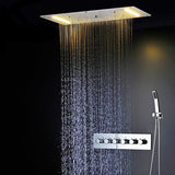 Cascada Luxurious Recessed 15" x 28" Large LED Shower System with 6 knob Thermostatic Valve, 5 Mode Functions (Rainfall, Waterfall, SPA Mist, Column & Handheld Shower) shower head with handheld rain LED 6 valve handle showerheads high pressure hand held system holder waterfall Rainfall SPA mist black matt fixture gold kit chrome oil rubbed bronze mixer modern ceiling mount 3 way thermostatic rectangle shower system