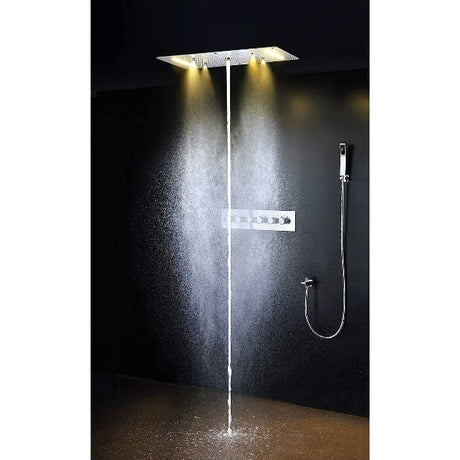 Cascada Luxurious Recessed 15" x 28" Large LED Shower System with 6 knob Thermostatic Valve, 5 Mode Functions (Rainfall, Waterfall, SPA Mist, Column & Handheld Shower) shower head with handheld rain LED 6 valve handle showerheads high pressure hand held system holder waterfall Rainfall SPA mist black matt fixture gold kit chrome oil rubbed bronze mixer modern ceiling mount 3 way thermostatic rectangle shower system