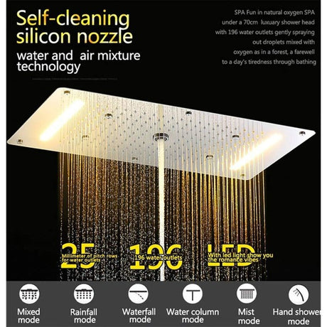 Cascada Luxurious Recessed 15" x 28" Large LED Shower System with 6 knob Thermostatic Valve, 5 Mode Functions (Rainfall, Waterfall, SPA Mist, Column & Handheld Shower) shower head with handheld rain LED 6 valve handle showerheads high pressure hand held system holder waterfall Rainfall SPA mist black matt fixture gold kit chrome oil rubbed bronze mixer modern ceiling mount 3 way thermostatic rectangle shower system