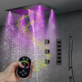 Cascada Luxury 16”x28” Music LED shower system with built-in Bluetooth Speakers, 5 functions (Rain, Waterfall, Mist Outlet, Body Jet & Hand Shower) & Remote Control 64 Color Lights cascada system LED bluetooth shower head speaker hot cold music rain rainfall musical lights showerhead body spray jet waterfall misty ceiling mounted handheld high pressure multicolor holder thermostatic chrome oil rubbed bronze mixer remote control