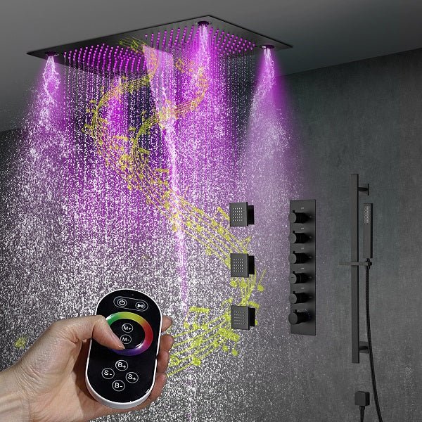 Cascada Luxury 16”x28” Music LED shower system with built-in Bluetooth Speakers, 5 functions (Rain, Waterfall, Mist Outlet, Body Jet & Hand Shower) & Remote Control 64 Color Lights cascada system LED bluetooth shower head speaker hot cold music rain rainfall musical lights showerhead body spray jet waterfall misty ceiling mounted handheld high pressure multicolor holder thermostatic chrome oil rubbed bronze mixer remote control