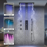 Cascada Luxury 16”x28” Music LED shower system with built-in Bluetooth Speakers, 5 functions (Rain, Waterfall, Mist Outlet, Body Jet & Hand Shower) & Remote Control 64 Color Lights cascada system LED bluetooth shower head speaker hot cold music rain rainfall musical lights showerhead body spray jet waterfall misty ceiling mounted handheld high pressure multicolor holder thermostatic chrome oil rubbed bronze mixer remote control