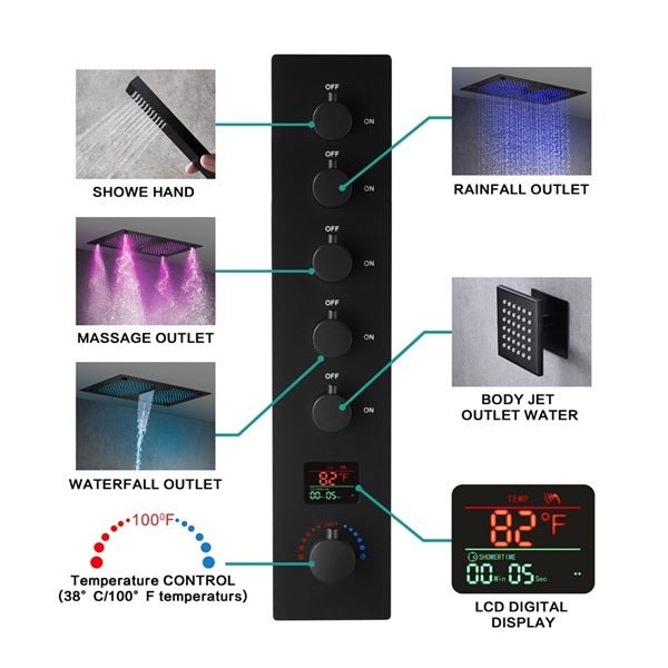 16"x28" Sorrento Digital Rainfall Bluetooth LED Shower System By Cascada Showers - Cascada Showers
