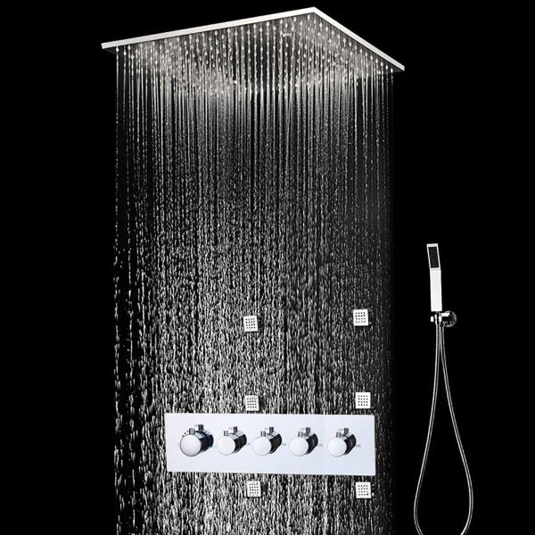 ceiling mounted rain shower head, ceiling mounted rain shower system, ceiling shower, ceiling mount rain shower head, celiling mounted shower system, rain shower head from ceiling,  ceiling mounted rain shower head system, rain shower head ceiling mount, ceiling mounted shower system, and ceiling mount shower system. Cascada Luxury 20" Square Ceiling Mounted Thermostatic Shower System, SPA Misty, Rainfall, Hand shower, Side Spray Mode  shower head, thermostatic shower, rain shower, rain shower faucet