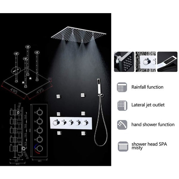 ceiling mounted rain shower head, ceiling mounted rain shower system, ceiling shower, ceiling mount rain shower head, celiling mounted shower system, rain shower head from ceiling,  ceiling mounted rain shower head system, rain shower head ceiling mount, ceiling mounted shower system, and ceiling mount shower system. Cascada Luxury 20" Square Ceiling Mounted Thermostatic Shower System, SPA Misty, Rainfall, Hand shower, Side Spray Mode  shower head, thermostatic shower, rain shower, rain shower faucet
