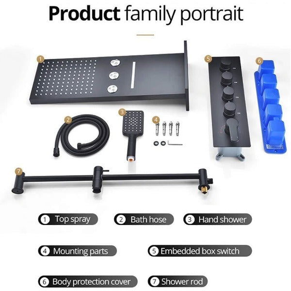 9"x22" Matt Black Wall Mounted Multi Settings Shower System - Cascada Showers