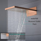Cascada 22” Music LED shower system (Wall Mounted) with built-in Bluetooth Speakers, 4 function (Rain, Waterfall, body jets & Hand Shower) & Remote Control 64 Color Lights cascada system LED bluetooth shower head with handheld speaker hot cold music rain rainfall musical light showerhead body spray jet waterfall lifting rod wall mounted high pressure thermostatic mixer black matte chrome oilrubbed bronze remote control