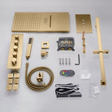 Cascada 22” Music LED shower system (Wall Mounted) with built-in Bluetooth Speakers, 4 function (Rain, Waterfall, body jets & Hand Shower) & Remote Control 64 Color Lights cascada system LED bluetooth shower head with handheld speaker hot cold music rain rainfall musical light showerhead body spray jet waterfall lifting rod wall mounted high pressure thermostatic mixer black matte chrome oilrubbed bronze remote control