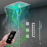 Cascada Luxury 16”x28” Music LED shower system with built-in Bluetooth Speakers, 5 functions (Rain, Waterfall, Mist Outlet, Body Jet & Hand Shower) & Remote Control 64 Color Lights cascada system LED bluetooth shower head speaker hot cold music rain rainfall musical lights showerhead body spray jet waterfall misty ceiling mounted handheld high pressure multicolor holder thermostatic chrome oil rubbed bronze mixer remote control