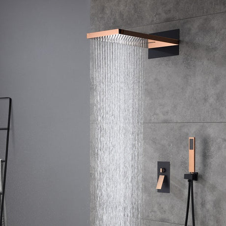 Cascada Arezzo 9x22 inch wall mounted shower system in rose gold finish with rainfall and waterfall functions