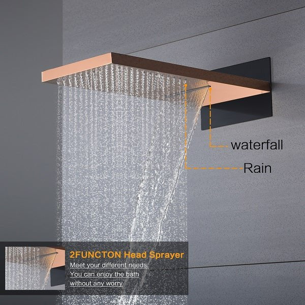 Cascada Arezzo rose gold system showing simultaneous rainfall and handheld function operation