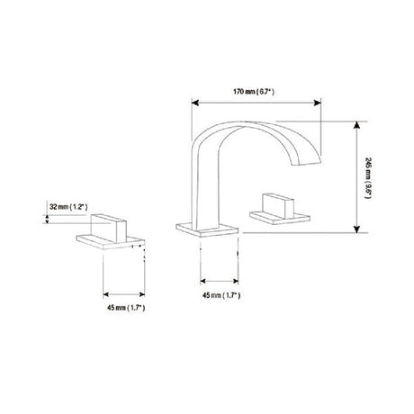 Dimension diagram of Cascada waterfall bathroom faucet showing height, spout reach, and handle spacing