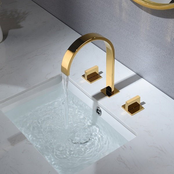 Stainless steel waterfall spout of Cascada bathroom faucet in polished gold