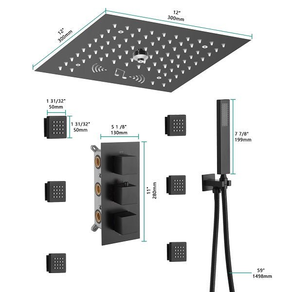 Matte black Cascada shower system installed in modern luxury bathroom