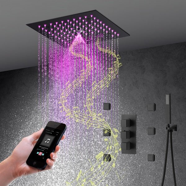 Cascada matte black LED shower system with 12-inch rainfall head and Bluetooth speakers