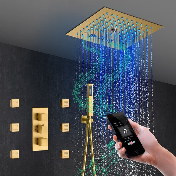 Cascada brushed gold shower system with 12-inch LED rainfall head and Bluetooth speakers