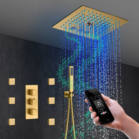 Cascada brushed gold shower system with 12-inch LED rainfall head and Bluetooth speakers