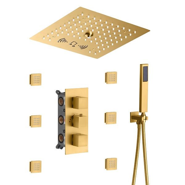 Complete Cascada Royale shower system components laid out in brushed gold finish