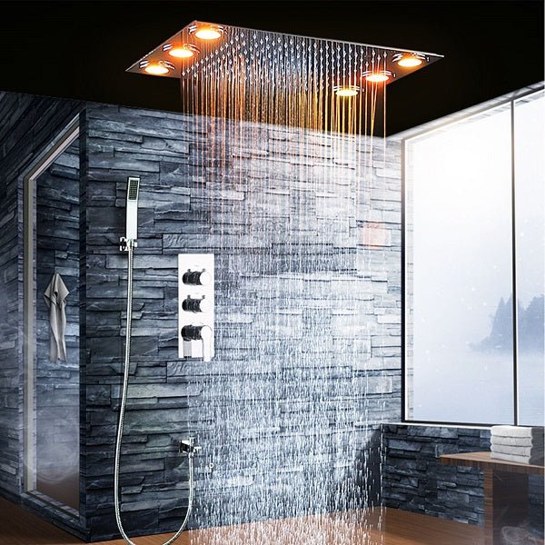 Cascada Luxury 14 x 20 Inch Square LED Shower System with 2-Way thermostatic mixer, 2-Mode Functions (Rainfall & Hand Shower) & Remote-Control LED Lights