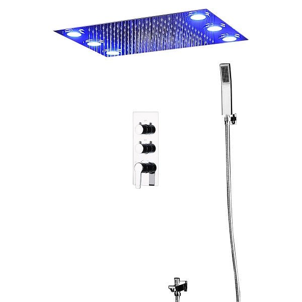 Cascada Luxury 14 x 20 Inch Square LED Shower System with 2-Way thermostatic mixer, 2-Mode Functions (Rainfall & Hand Shower) & Remote-Control LED Lights