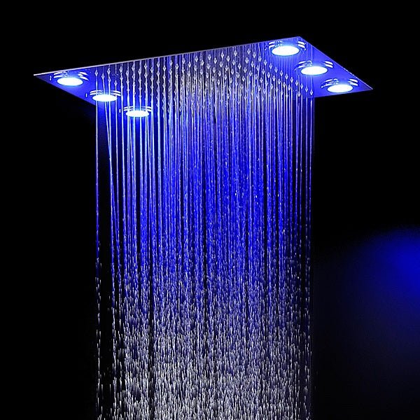 Cascada Luxury 14 x 20 Inch Square LED Shower System with 2-Way thermostatic mixer, 2-Mode Functions (Rainfall & Hand Shower) & Remote-Control LED Lights