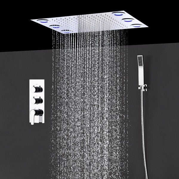 Cascada Luxury 14 x 20 Inch Square LED Shower System with 2-Way thermostatic mixer, 2-Mode Functions (Rainfall & Hand Shower) & Remote-Control LED Lights