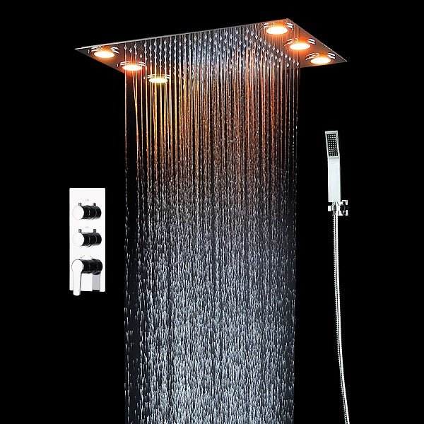 Cascada Luxury 14 x 20 Inch Square LED Shower System with 2-Way thermostatic mixer, 2-Mode Functions (Rainfall & Hand Shower) & Remote-Control LED Lights shower head with handheld led shower system with triple thermostatic valve shower head Rainfall Shower Head led shower head cascada shower