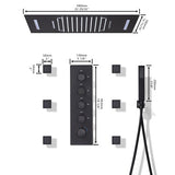 Cascada Luxury 15” x 23” LED Music shower system with built-in Bluetooth Speakers, 4 function (Rainfall, Waterfall, Body jet & Handshower) & Remote Control 64 Color Lights cascada system LED bluetooth shower head speaker hot cold music rain rainfall musical lights showerhead body spray jets waterfall misty ceiling mounted handheld high pressure multicolor holder matte black chrome oil rubbed bronze mixer remote control led black shower system