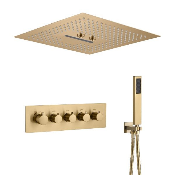 Cascada Luxury 16” Square Music LED shower system with built-in Bluetooth Speakers, 4 function (Rainfall, Waterfall, Misty, & Handshower) & Remote Control 64 Color Lights cascada system LED bluetooth shower head speaker hot cold music rain rainfall musical lights showerhead body spray jets waterfall misty ceiling mounted handheld high pressure multicolor holder matte black chrome oil rubbed bronze mixer remote control