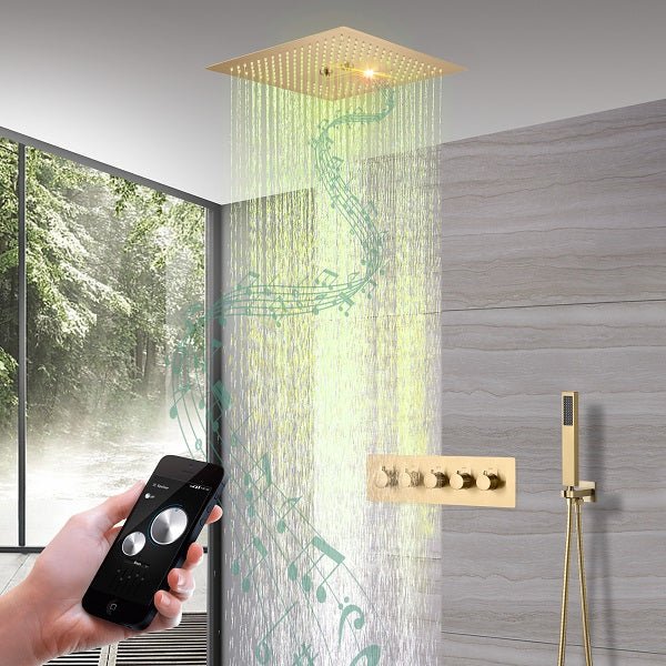shower music player. shower with lights and music. shower music system. speaker for shower. bluetooth music led shower system. bluetooth speaker for shower. bluetooth speakers shower shower entertainment system. built-in shower speaker. shower light with bluetooth speaker. Cascada Luxury 16” Square Music LED shower system with built-in Bluetooth Speakers, 4 function (Rainfall, Waterfall, Misty, & Hand shower)
