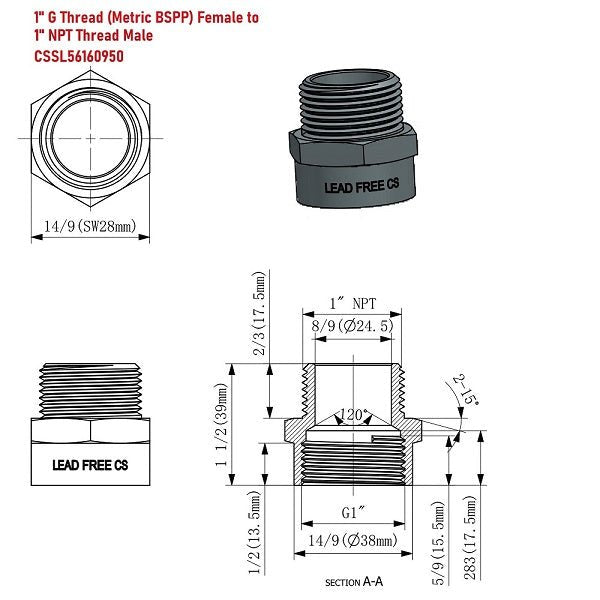 G Thread (Metric BSPP) Female to NPT Male Adapter - Lead Free (1" x 1") - Cascada Showers